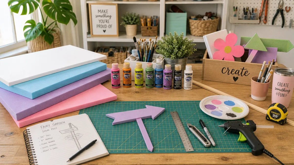 a bright DIY crafting workspace with foam boards, paint supplies, and tools…