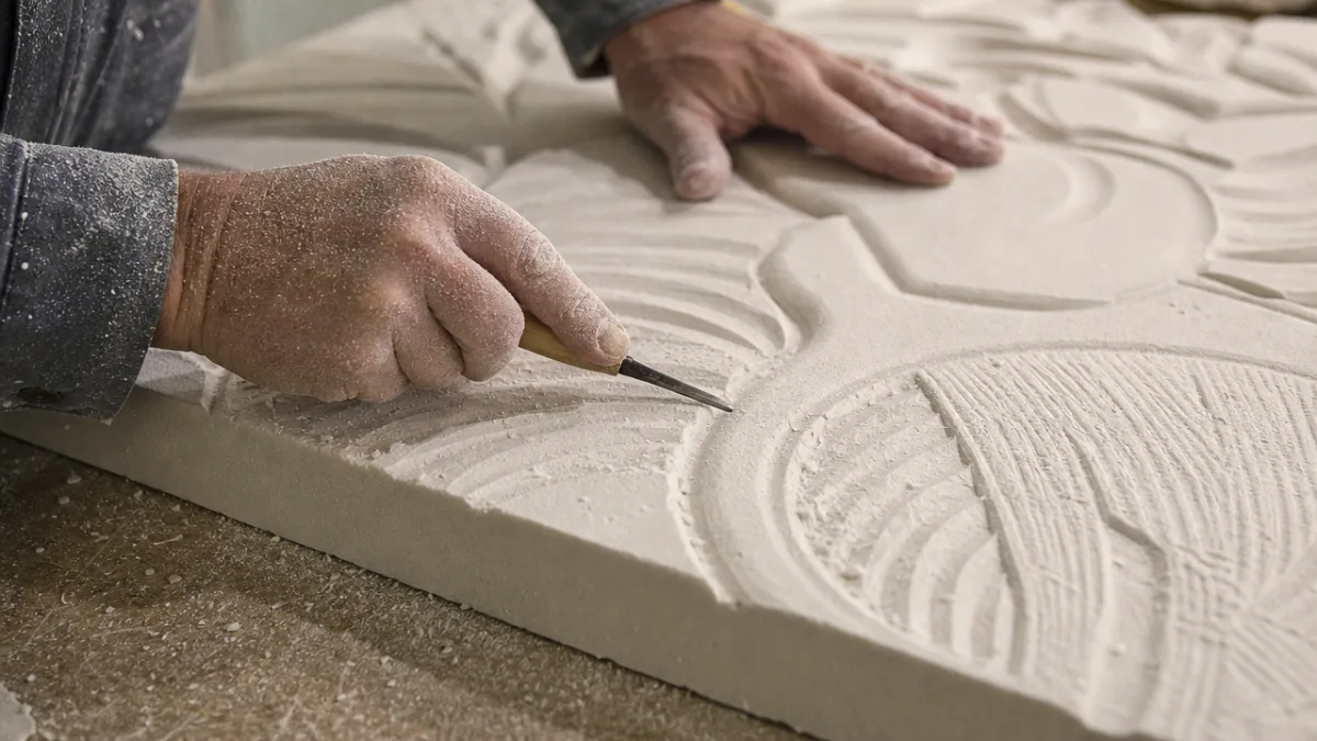 close-up of hands carving detailed texture into a large foam board panel,…