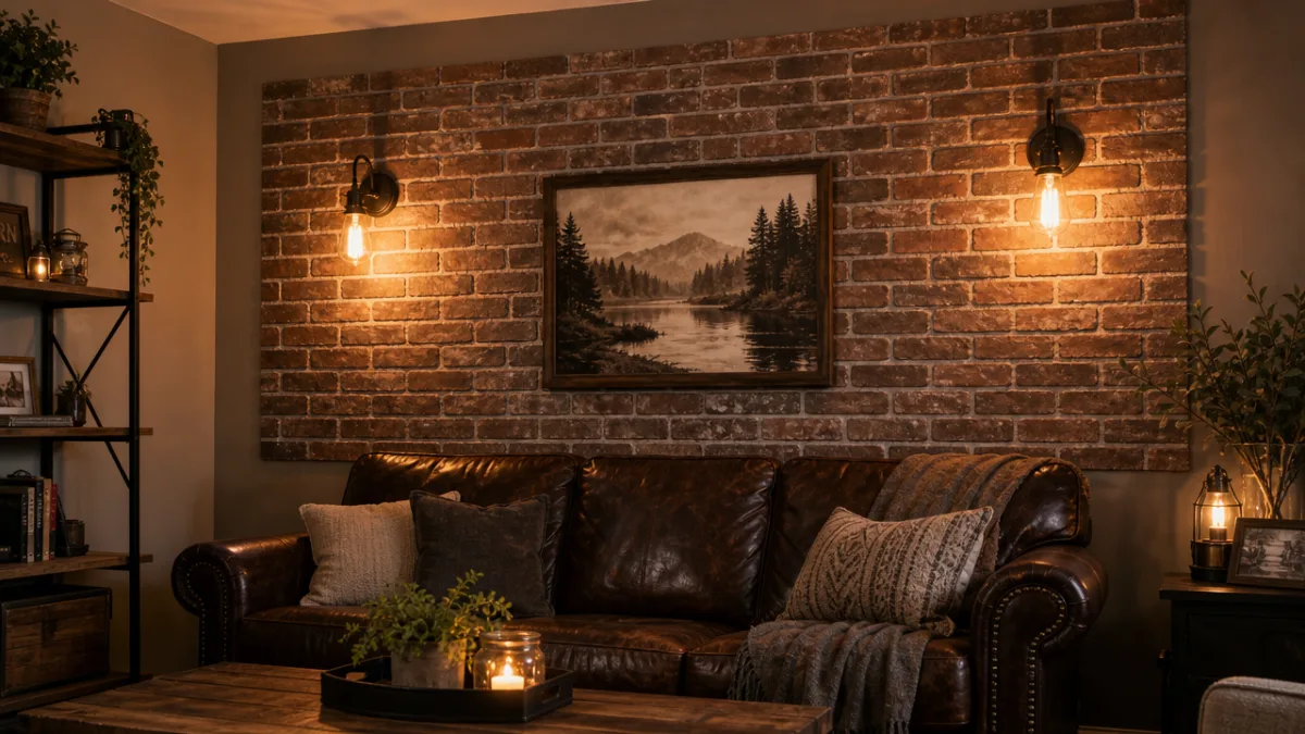 a completed faux brick foam board panel mounted on a living room…