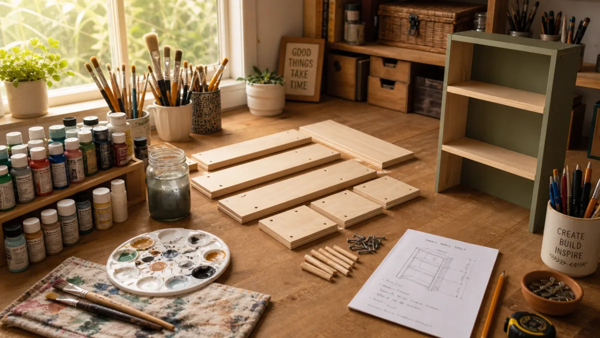 an organized crafting workspace with paints, brushes, and shelf components laid out…