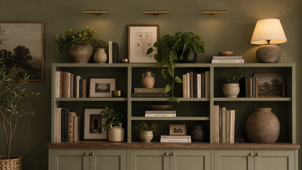 a beautifully styled bookshelf with books, plants, and decorative objects against a…