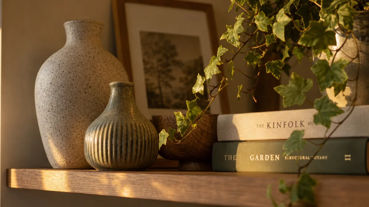 a close-up of styled shelf details with ceramic vases, trailing ivy, and…