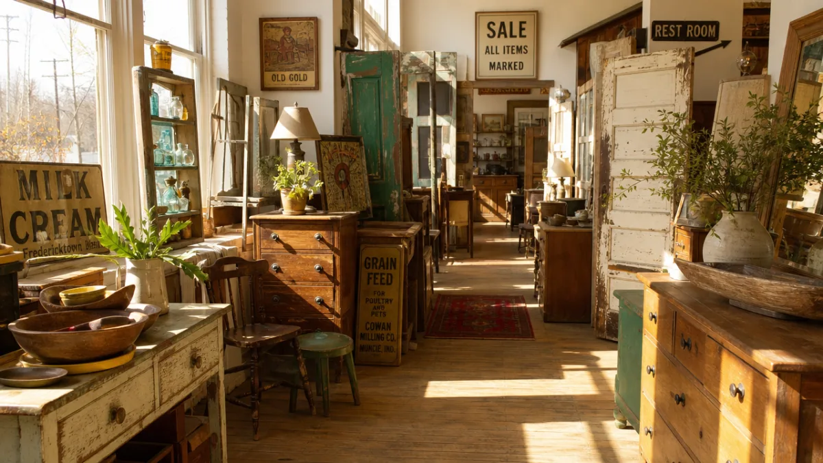 a sunlit thrift store interior filled with vintage wooden furniture and salvaged…
