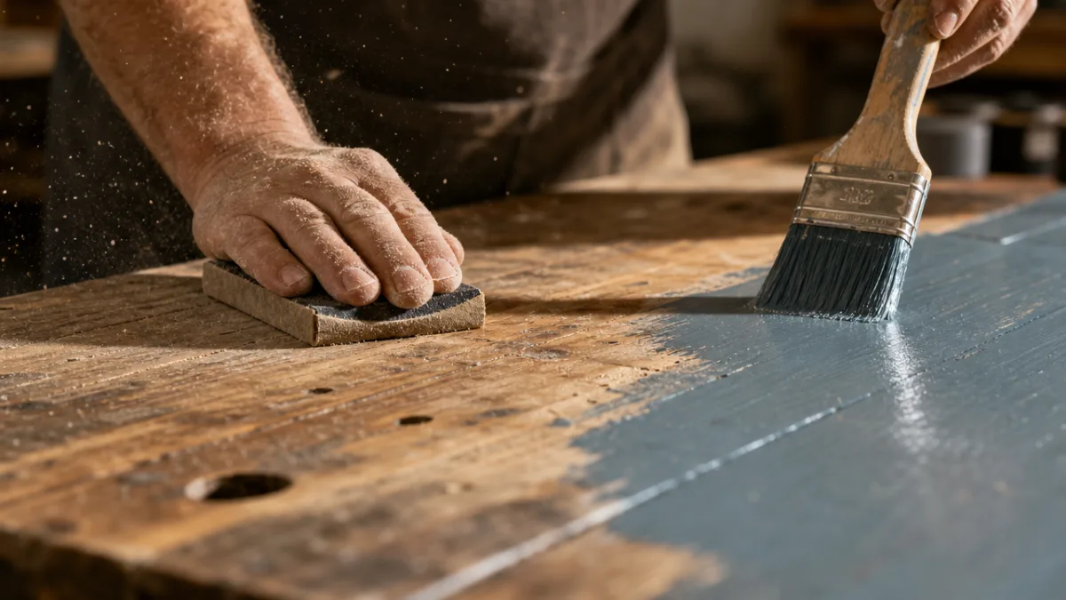 a close-up of sanding and painting a reclaimed wooden desk surface, soft…