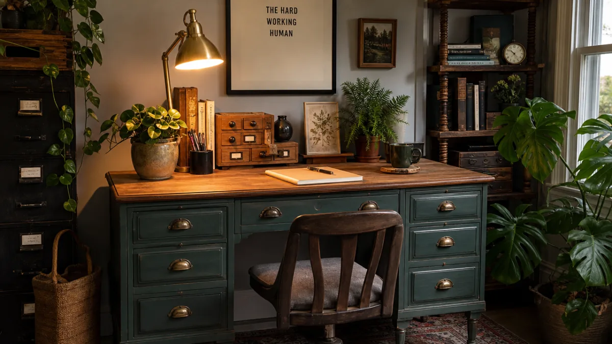 a beautifully styled upcycled desk in a home office with plants, warm…