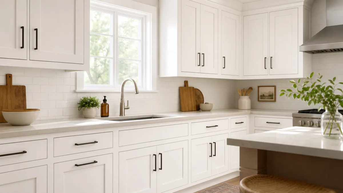 freshly painted white kitchen cabinets with soft natural light streaming through window,…
