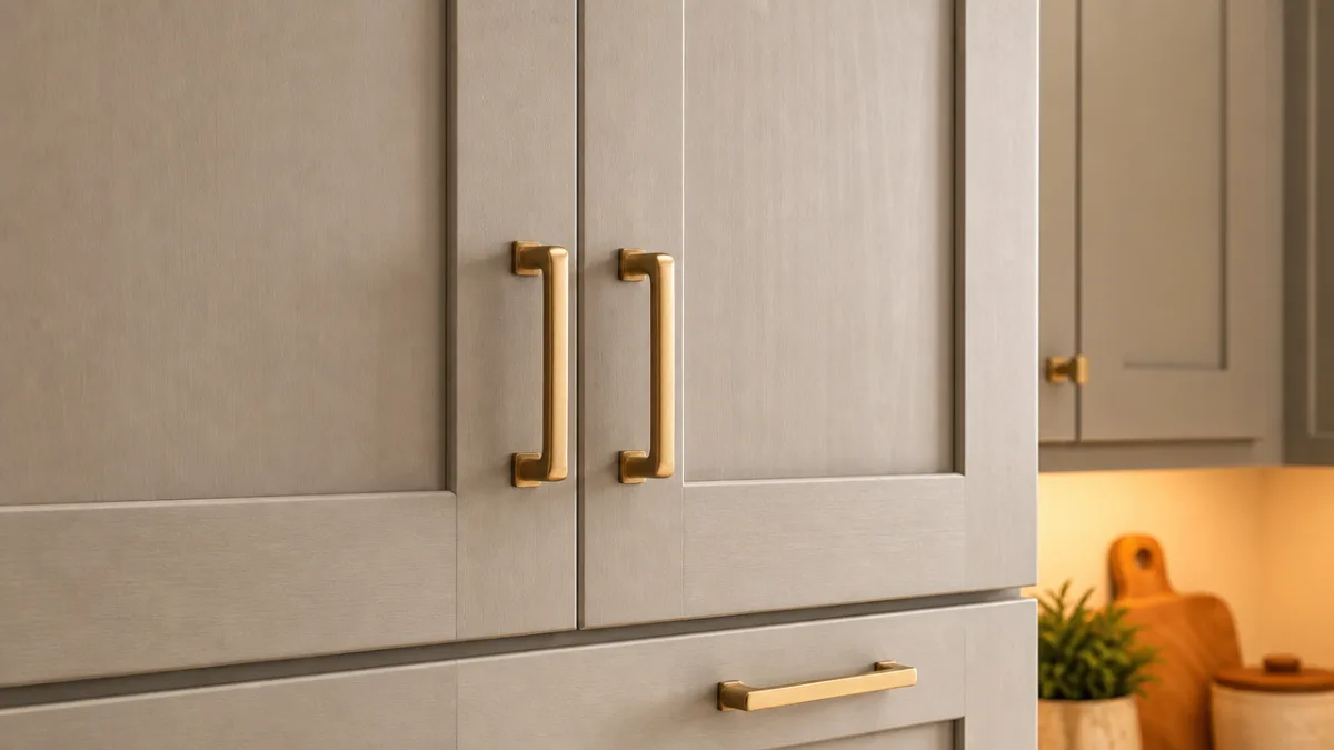 close-up of shaker style cabinet doors with brushed brass hardware, warm ambient…