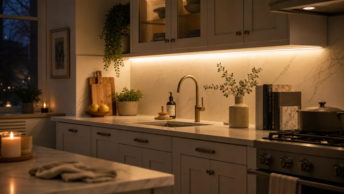 cozy kitchen interior with under-cabinet LED lighting glowing warmly on marble countertop,…