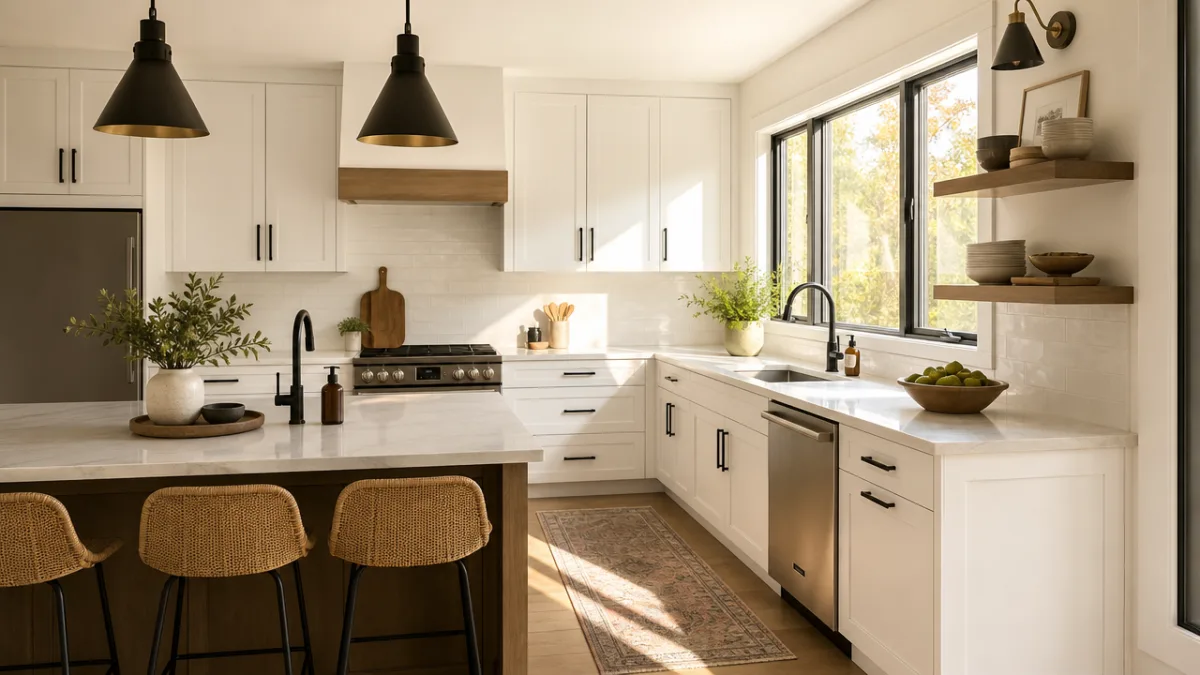 a modern kitchen with white shaker cabinets and matte black bar handles,…