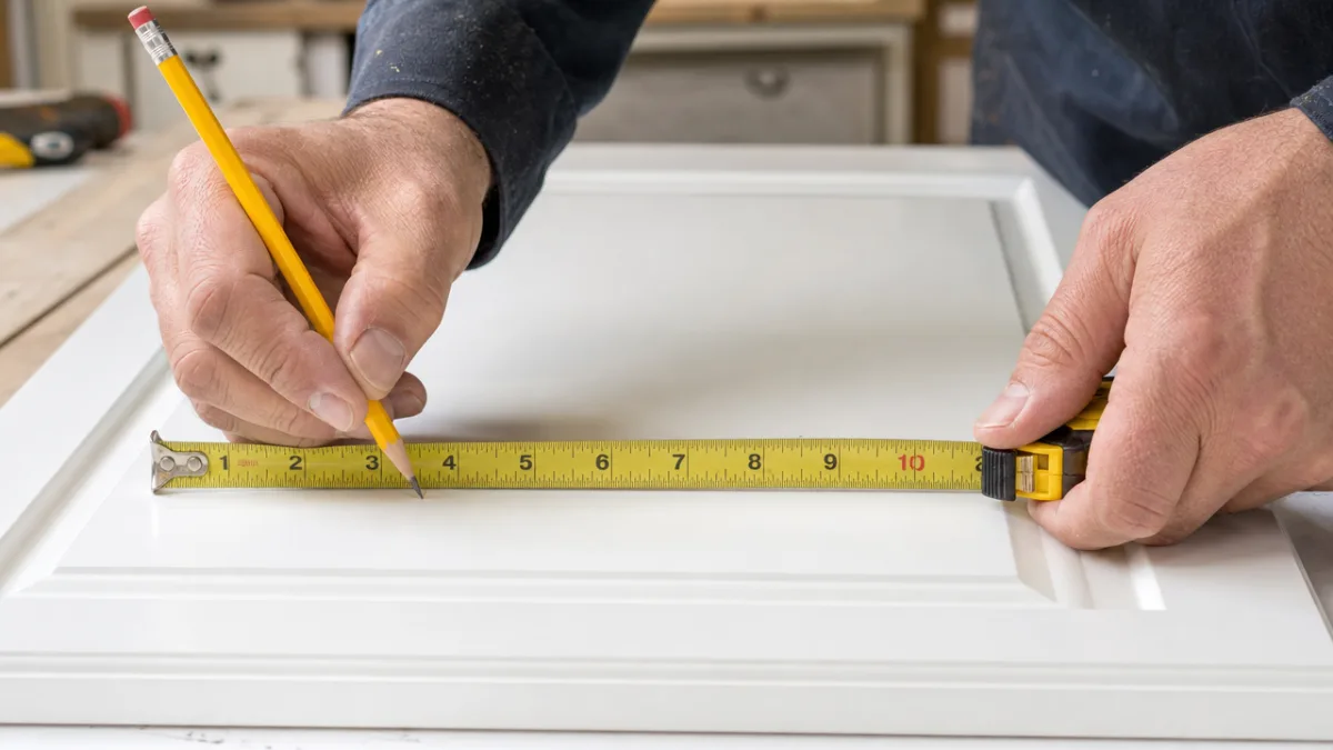 close-up of hands measuring and marking a white cabinet door with a…
