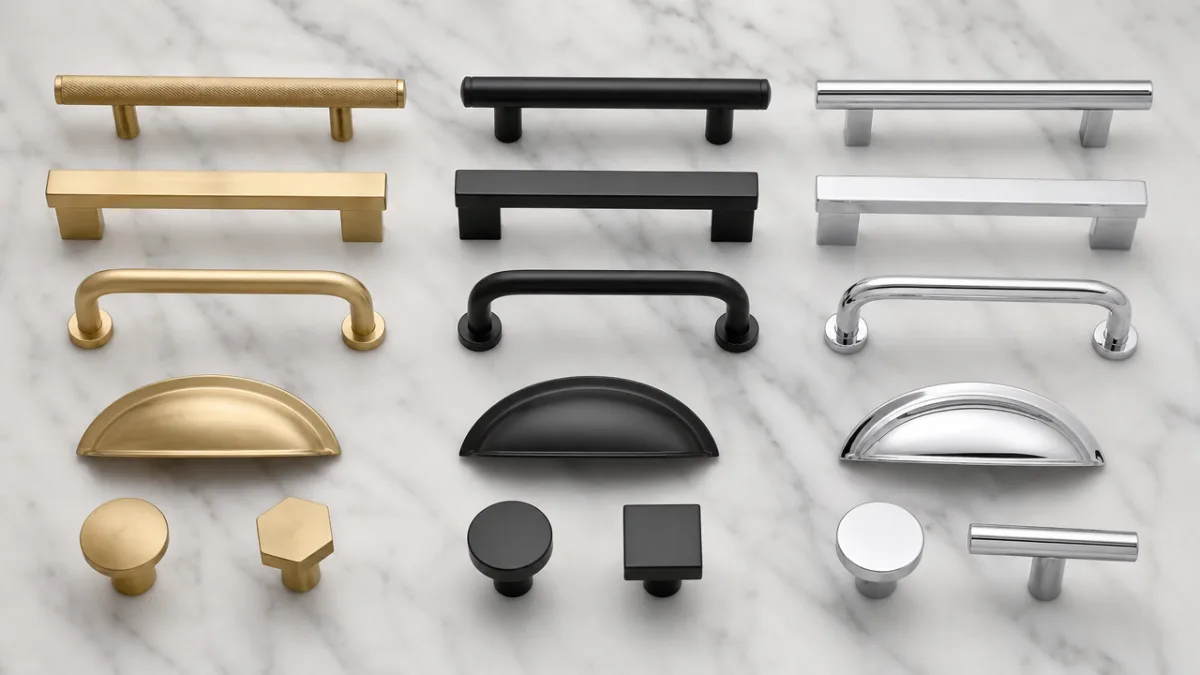a flat lay of various cabinet handle styles in brass, matte black,…