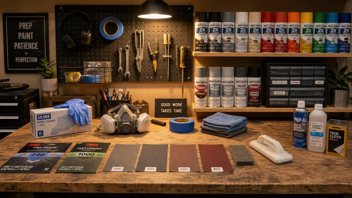 a well-organized DIY workspace with spray paint cans, sandpaper, and prep materials…