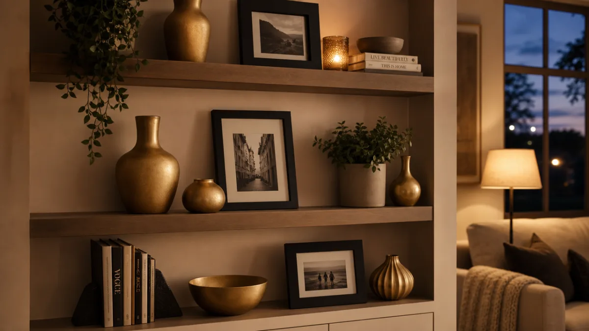 a cozy living room shelf styled with spray-painted gold vases and matte…