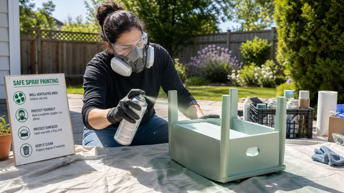 a safe outdoor spray painting setup with protective gloves, safety goggles, and…