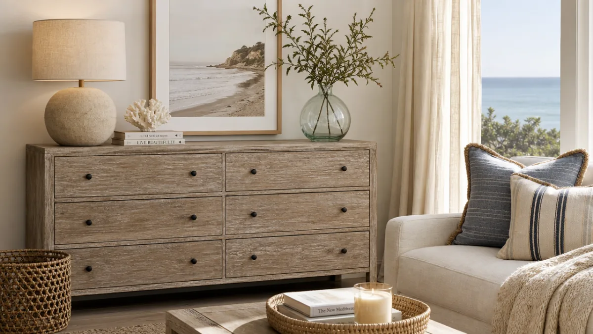 a beautifully styled coastal living room corner featuring a driftwood-finish dresser with…