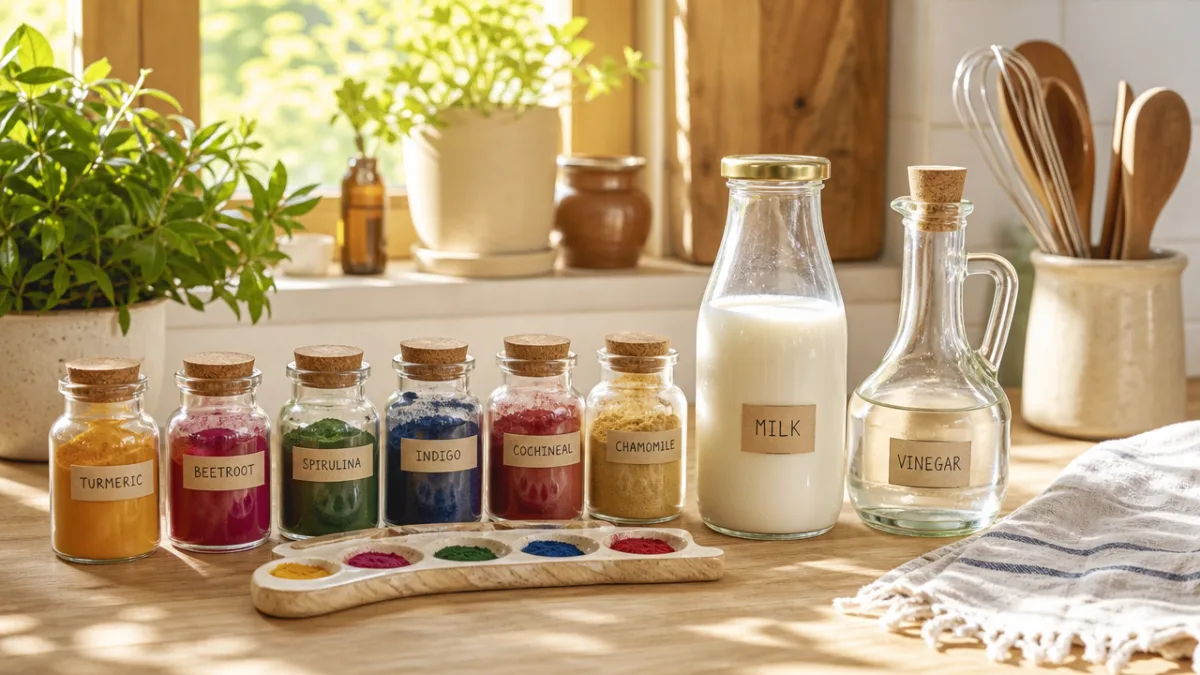 a bright sunlit kitchen counter with small jars of colorful natural pigments,…