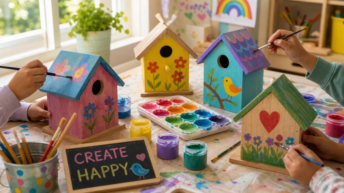 a cheerful children's art table with small hands painting colorful wooden birdhouses,…
