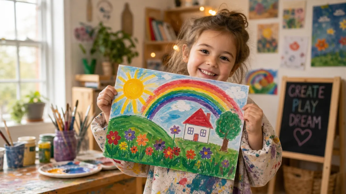 a happy young child in a paint-splattered smock proudly holding a finished…