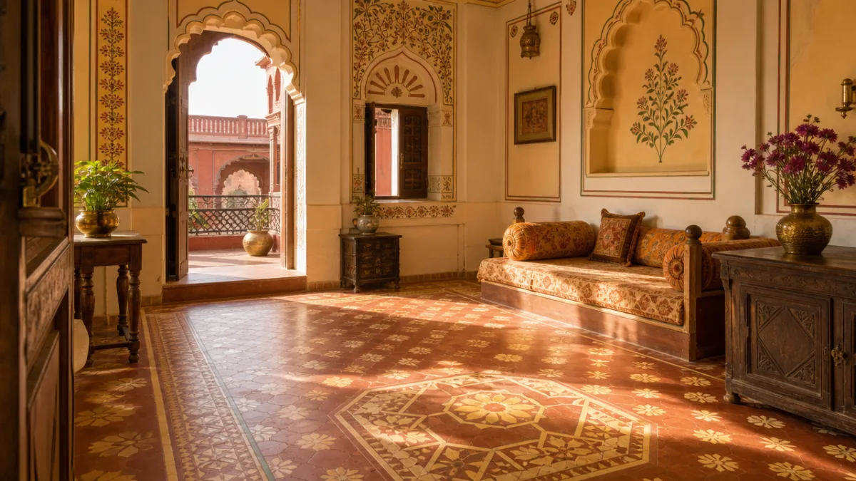 a sunlit Rajasthani-style interior with intricate geometric stenciled floor in terracotta and…