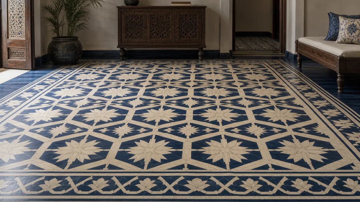 an elegantly stenciled wooden floor with an Indian geometric inlay pattern in…