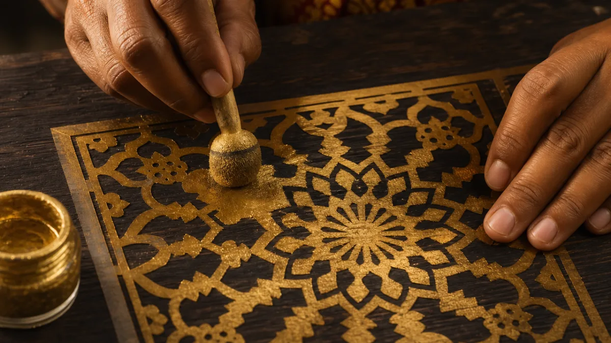 close-up of hands applying gold stencil paint to a dark wooden surface,…