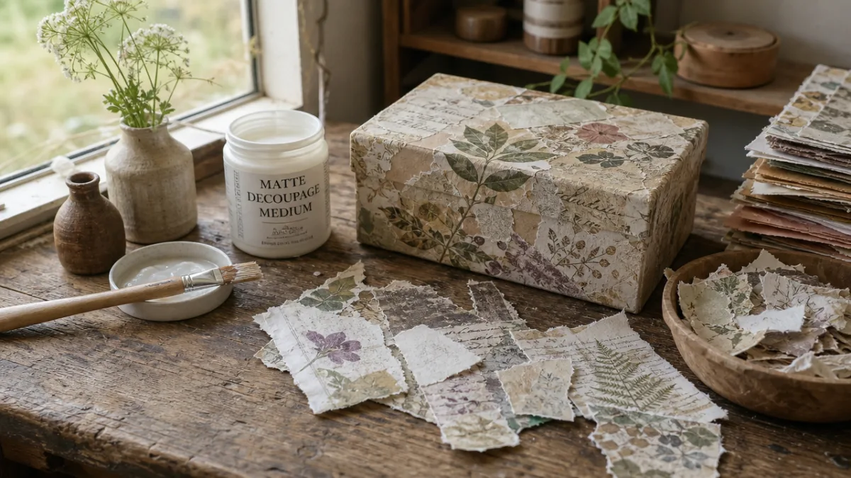 a rustic wooden craft table with torn fiber paper pieces, decoupage medium,…