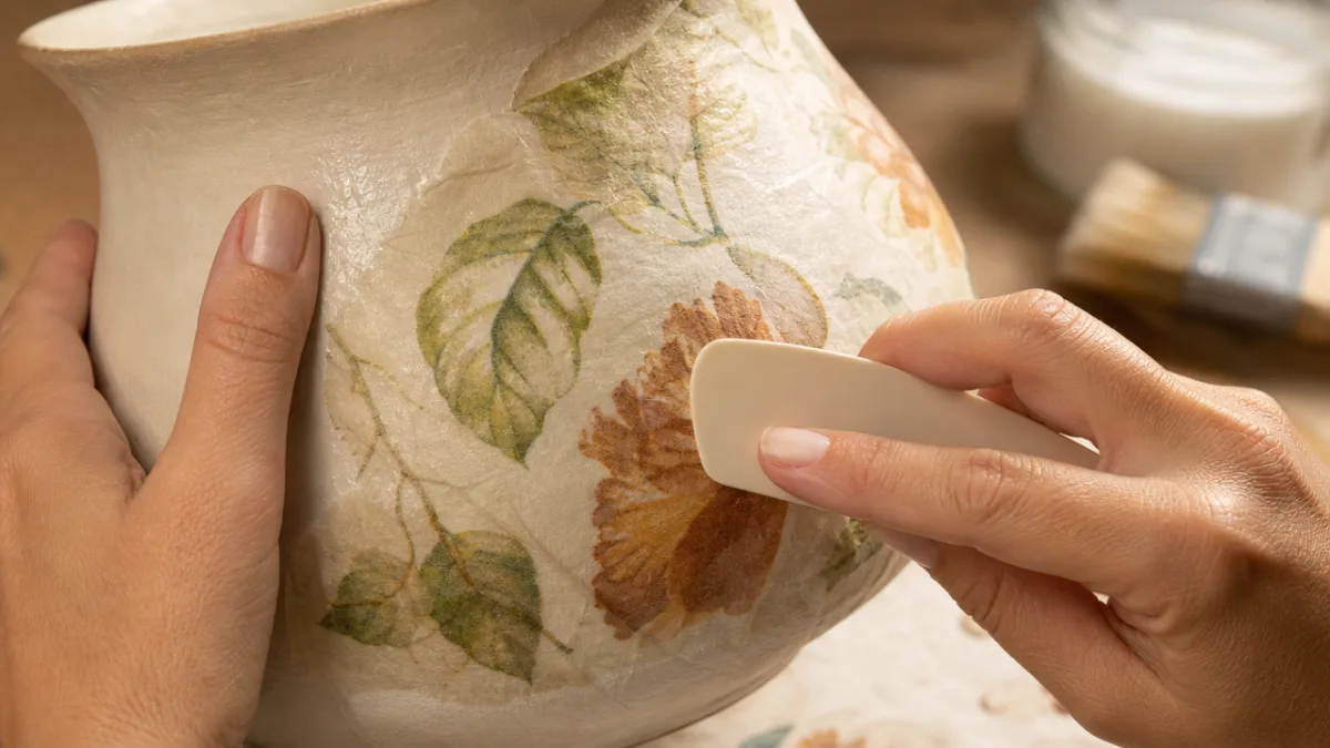 close-up of hands smoothing decoupage fiber paper onto a curved ceramic vase,…