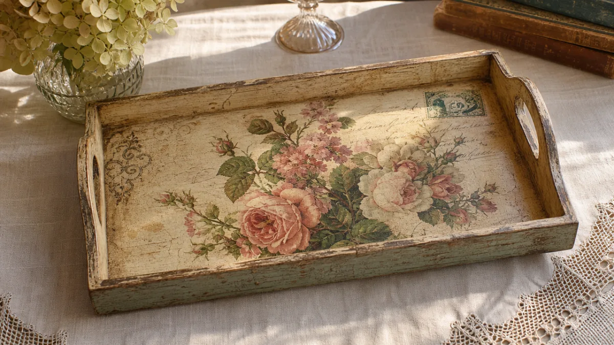 a beautifully finished decoupage wooden tray with aged texture on a linen…