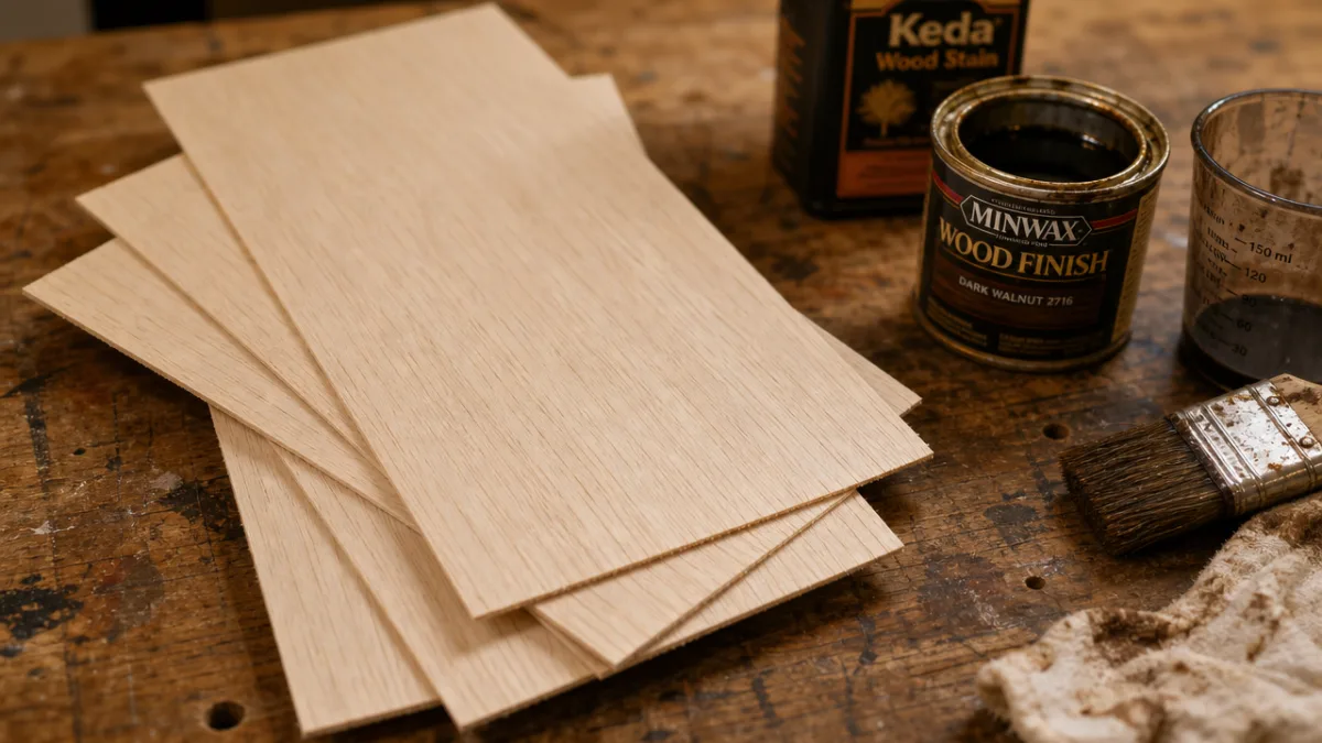a close-up of raw balsa wood sheets on a rustic workbench with…