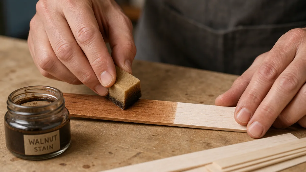 a craftsperson's hands carefully applying wood stain to balsa wood with a…