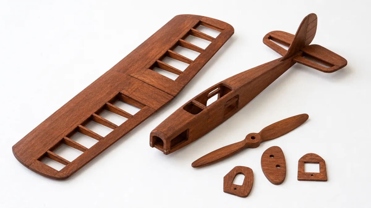 finished balsa wood craft pieces with rich even stain displayed on a…