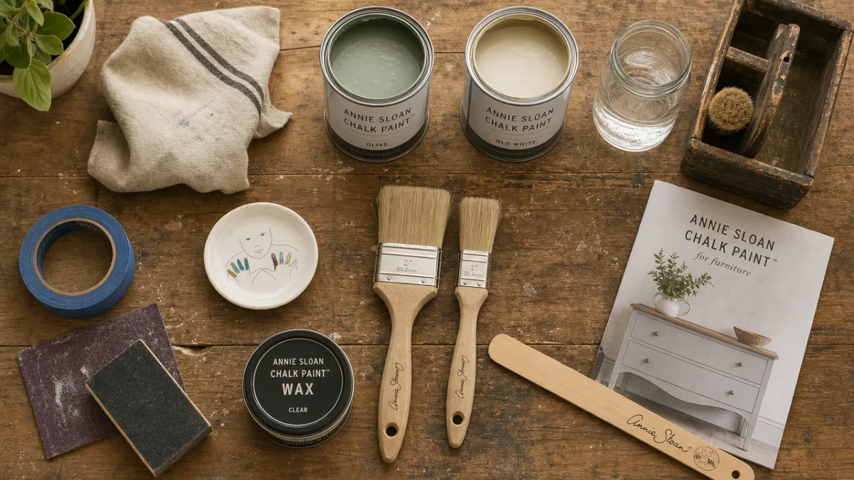 a flat lay of furniture painting supplies on a wooden workbench, warm…