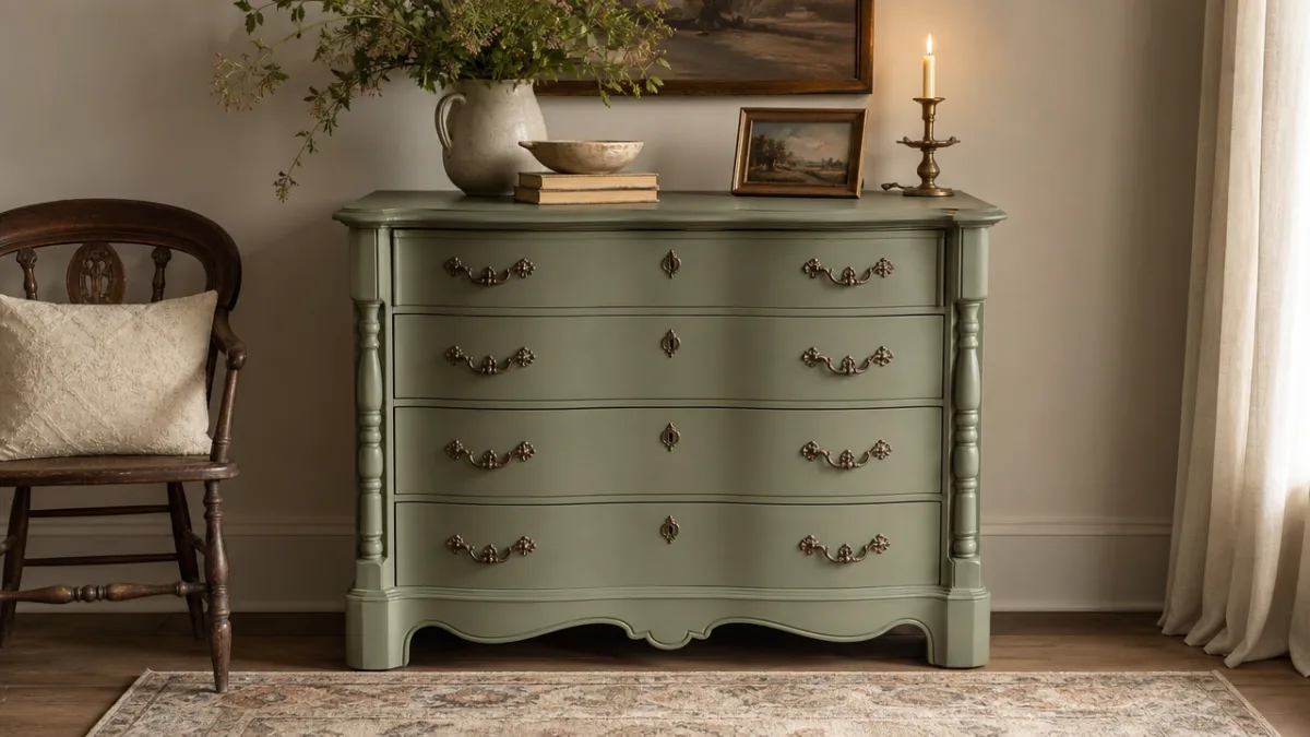 a beautifully refinished antique dresser in sage green against a neutral wall,…