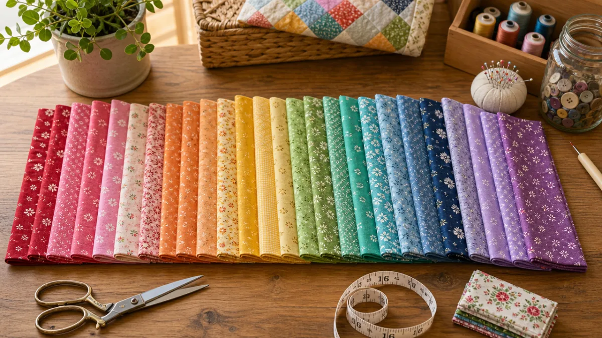 neatly arranged colorful fabric strips on a wooden table with scissors and…