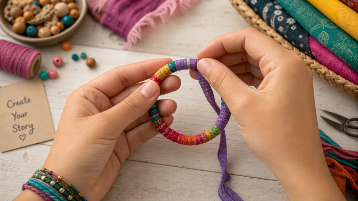 hands crafting a colorful wrapped fabric bracelet on a craft table, soft…