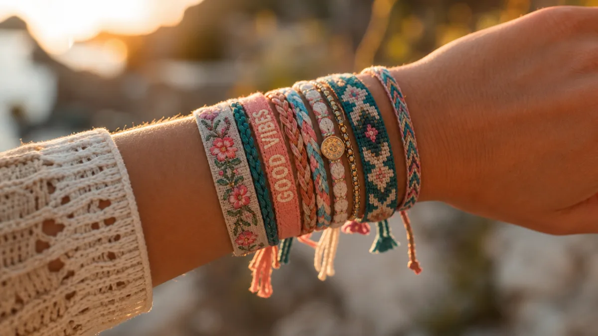 a styled wrist wearing multiple colorful fabric bracelets stacked together, golden hour…