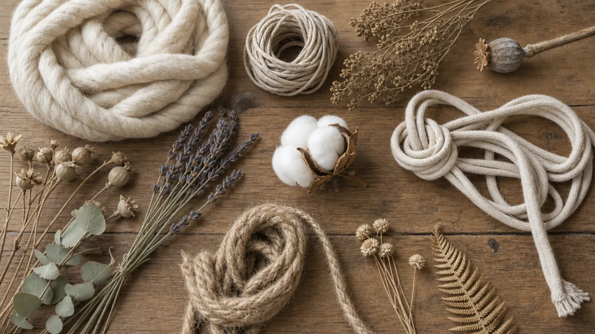 a flat lay of natural fiber materials including wool rope, cotton cord,…