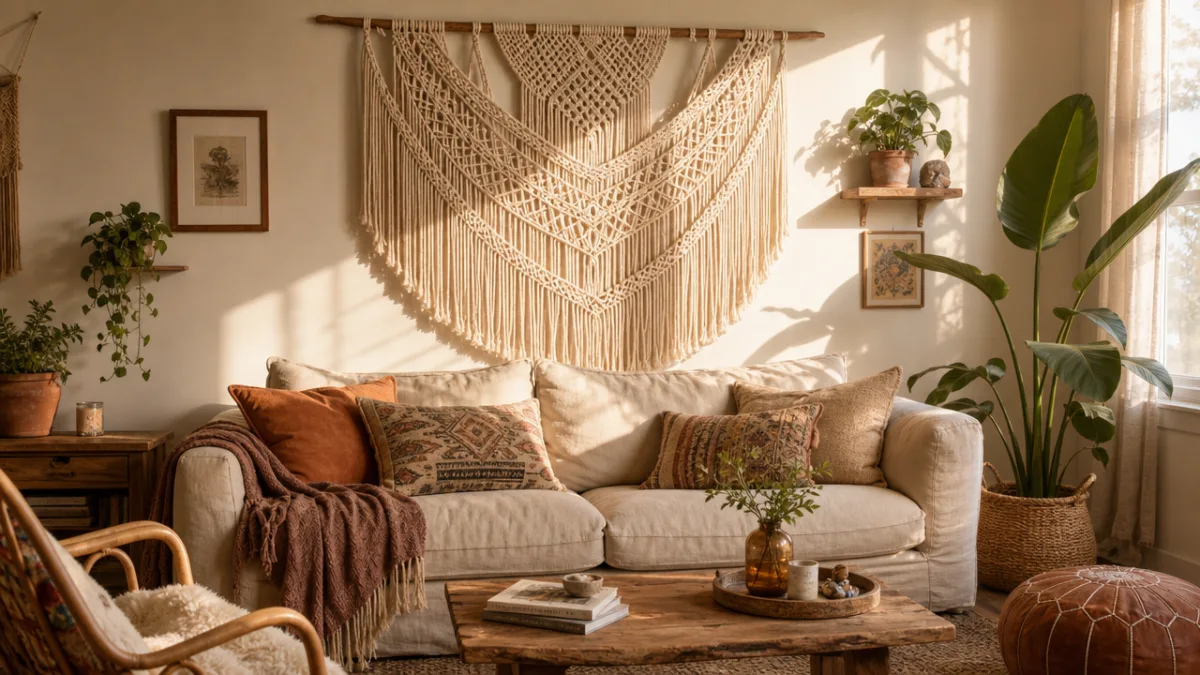 a cozy bohemian living room with a large macrame wall hanging above…