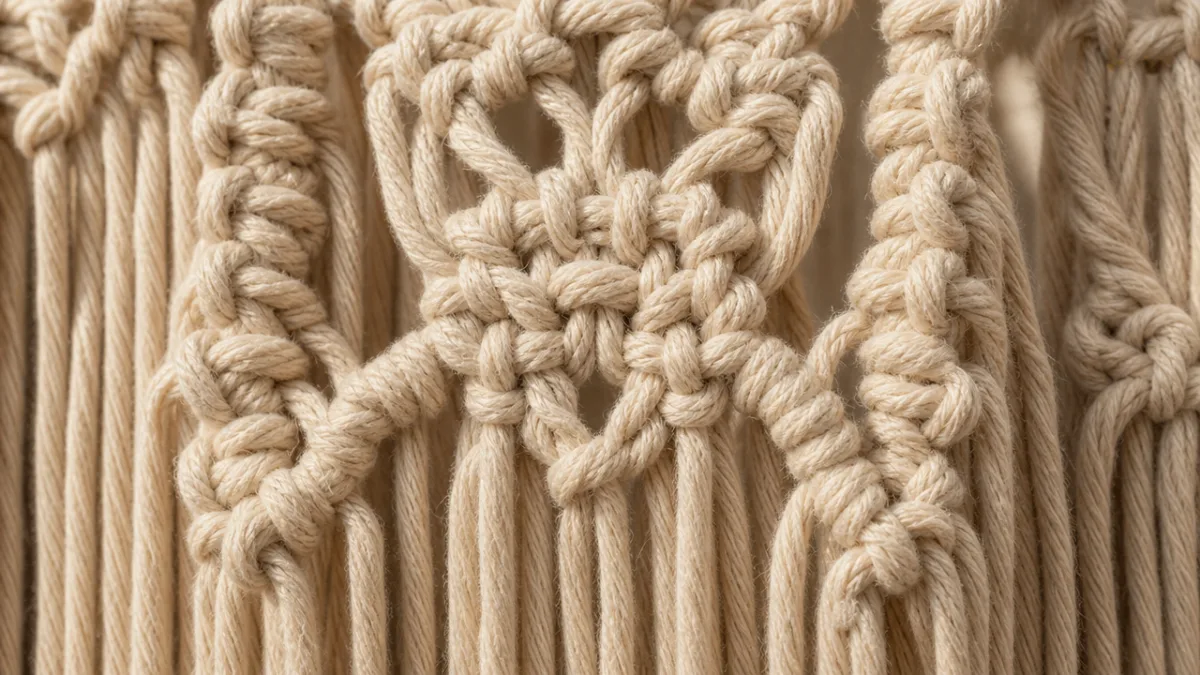 a close-up detail of handmade macrame knotwork in natural wool showing intricate…