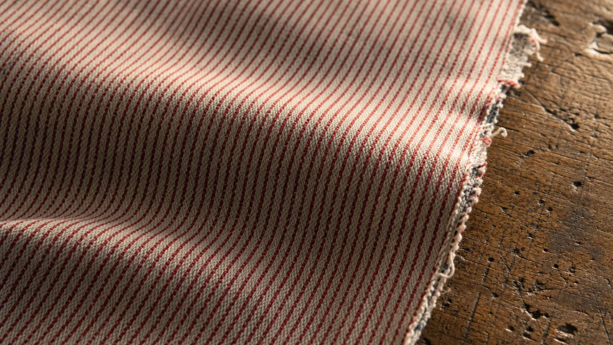 a close-up of red railroad stripe denim fabric texture on a worn…