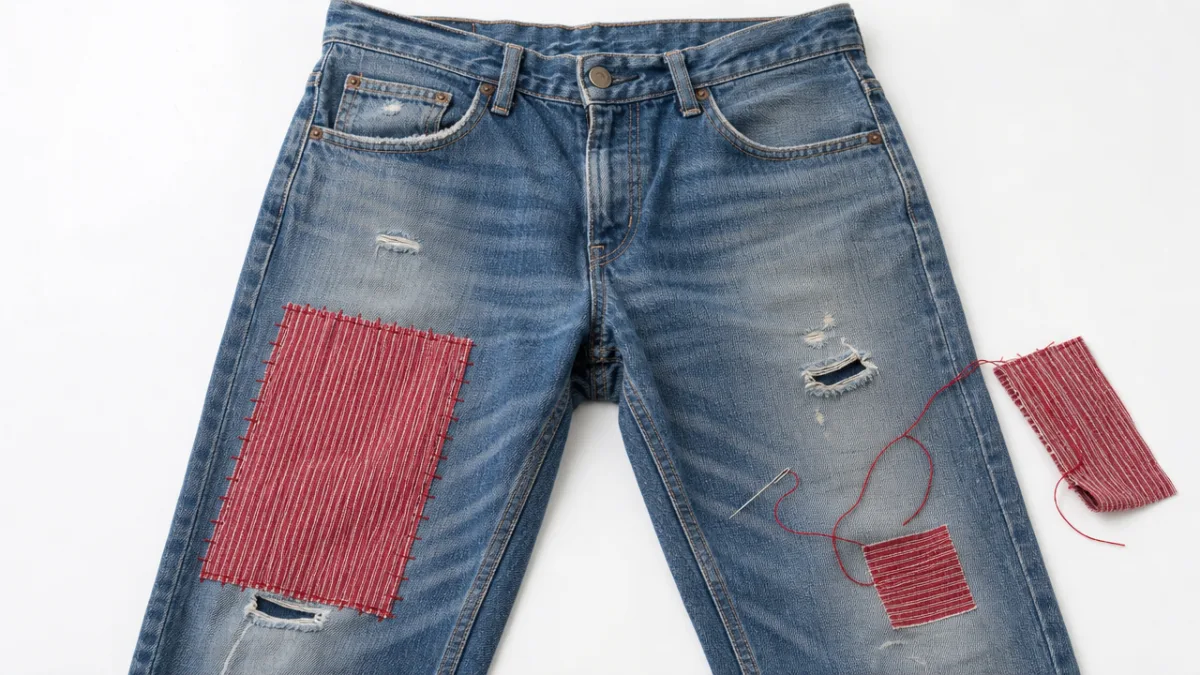 a pair of worn blue denim jeans laid flat on a clean…