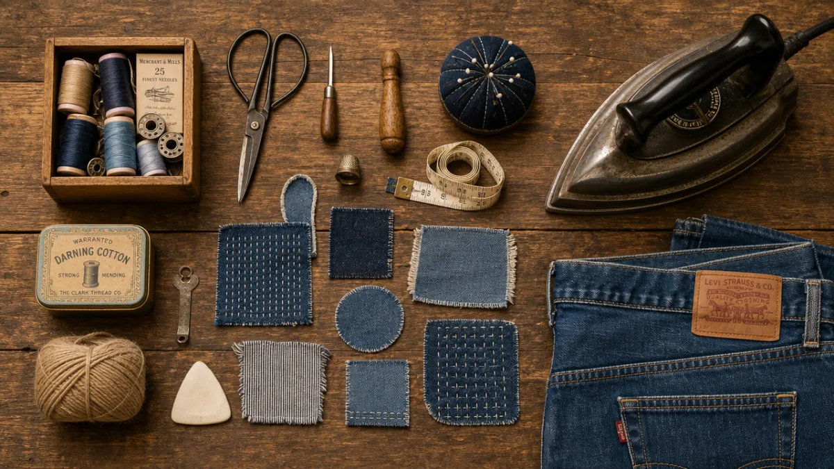 a neatly arranged flat lay of sewing tools, denim patches, and a…
