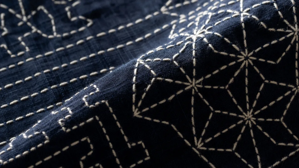 close-up of white sashiko stitching on deep indigo cotton fabric, dramatic side…