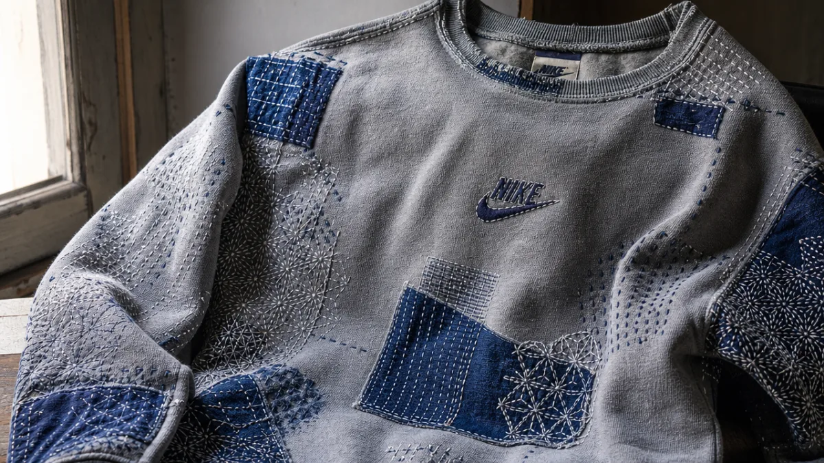 a worn Nike grey sweatshirt covered in intricate indigo and white sashiko…