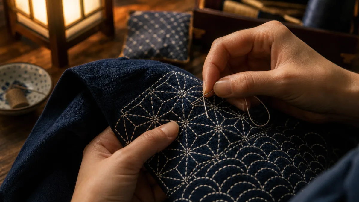 hands carefully stitching sashiko patterns onto dark fabric under warm lamplight, close-up…