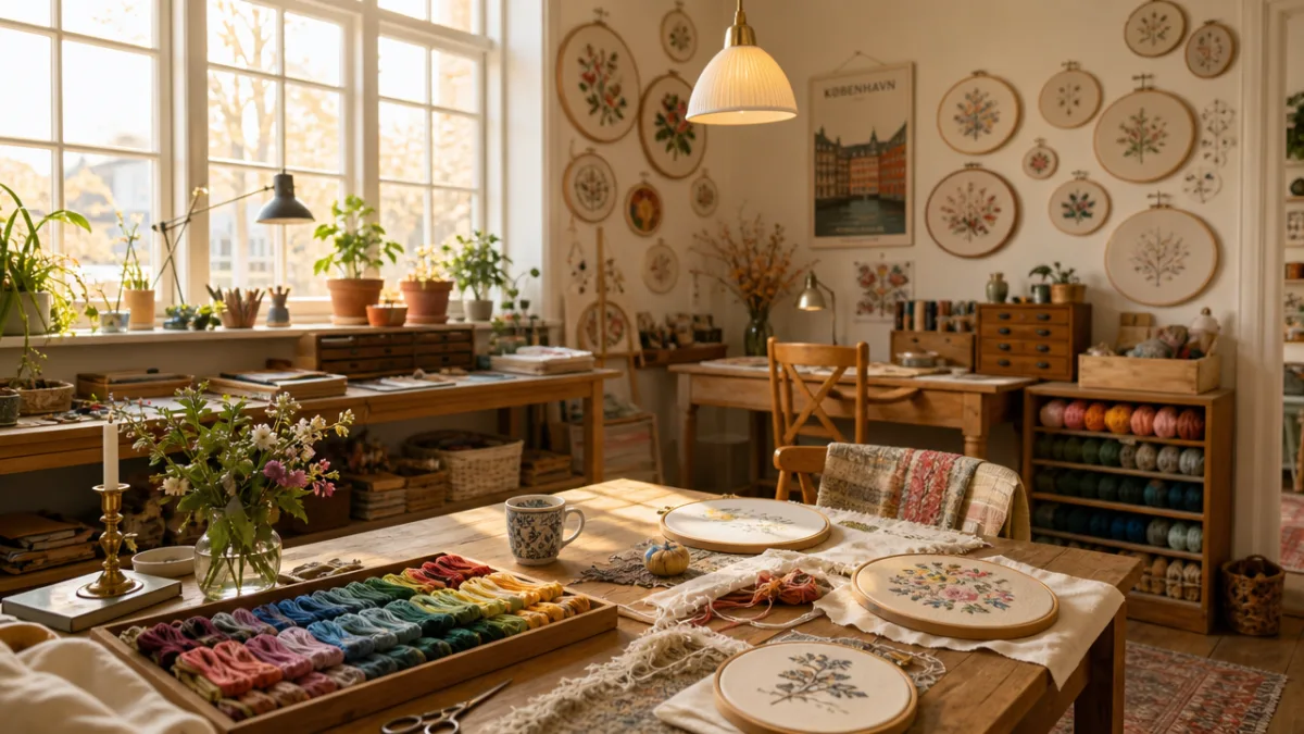 a warm Danish studio filled with embroidery hoops and colorful threads on…