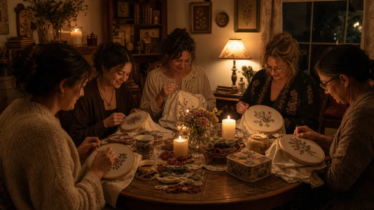 a group of women sitting together around a round table embroidering, warm…