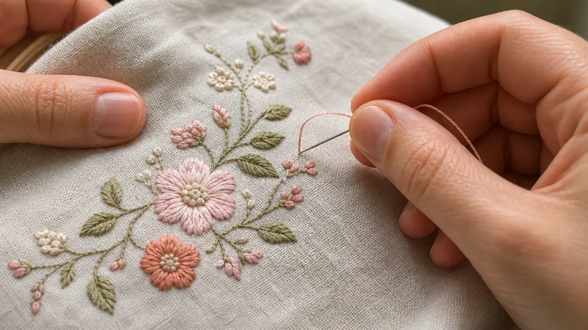 close-up of hands stitching delicate floral embroidery on linen fabric, soft natural…