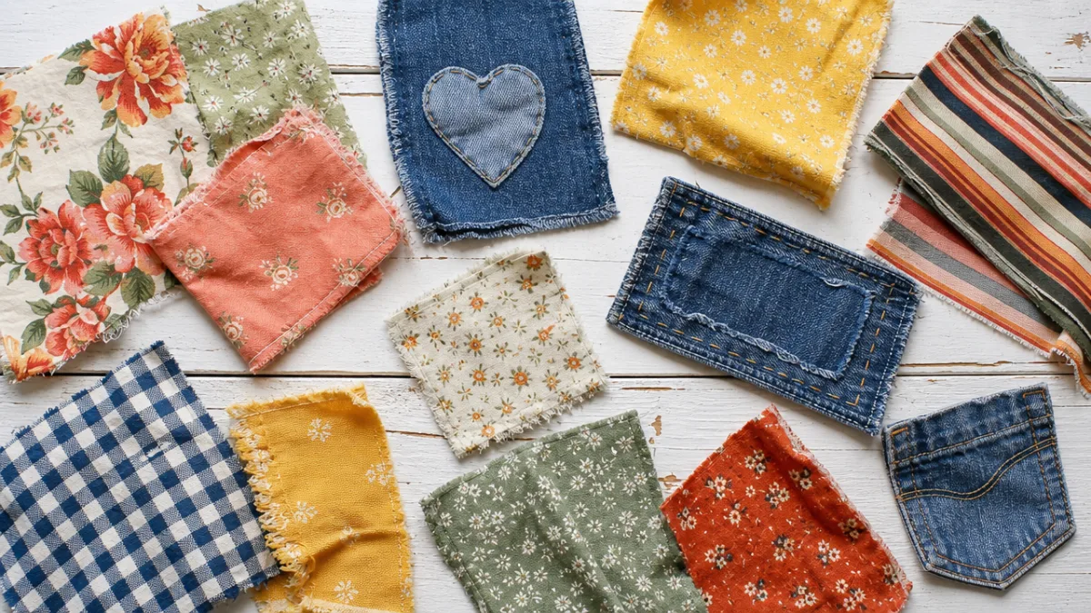 a flat lay of colorful fabric scraps and denim patches arranged on…