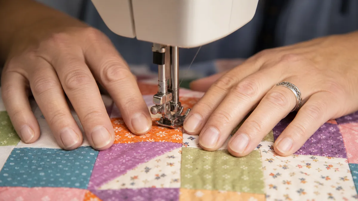 hands guiding colorful patchwork fabric through a sewing machine, close up, soft…